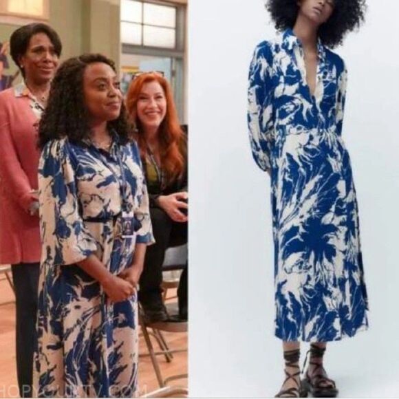 ZARA Women's Printed Shirt Dress With Pockets and Belt Tie Blue /White Sz XL New - Picture 13 of 13